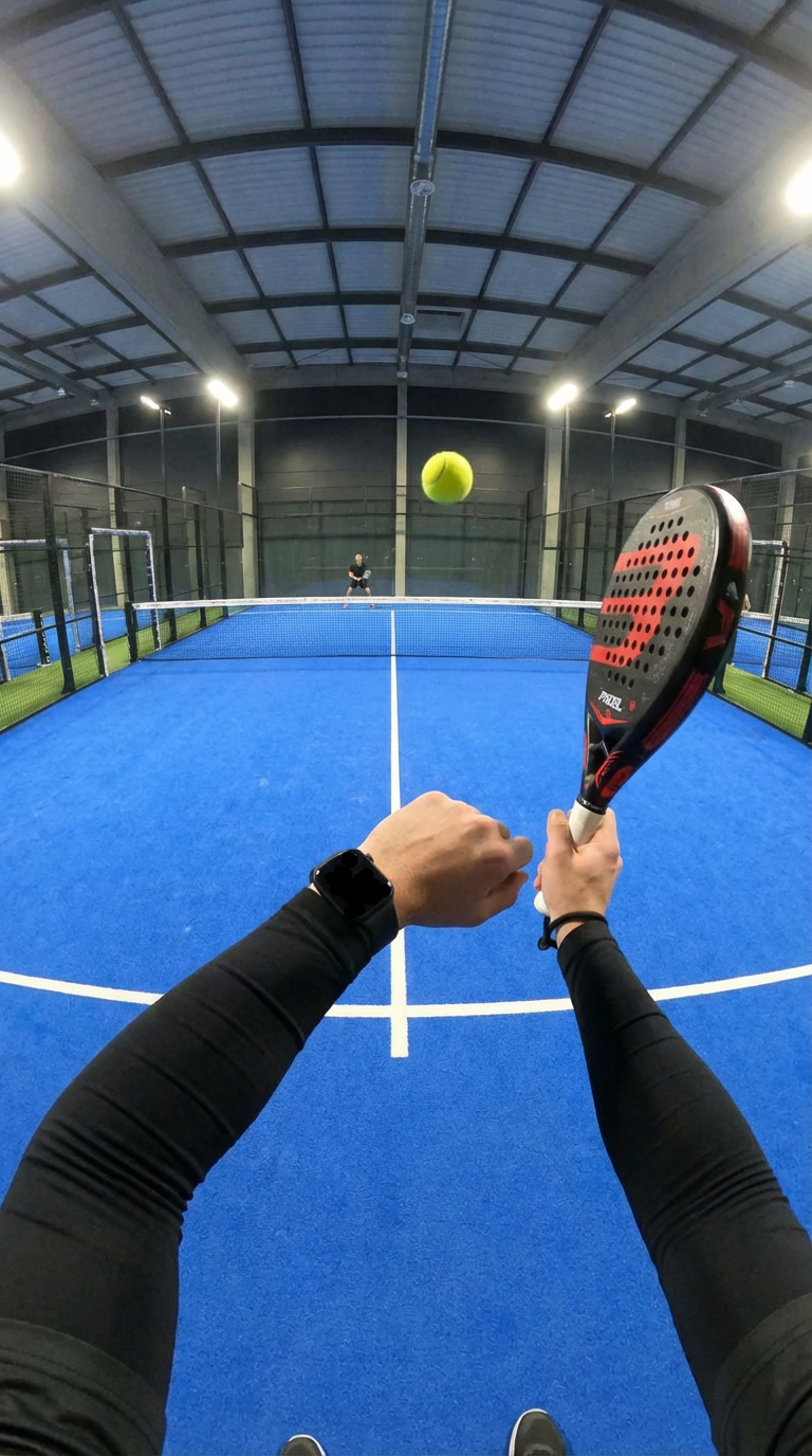 Person playing padel on an indoor court, holding a racket and wearing a smartwatch.